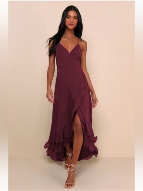 NWT Lulus In Love Forever Plum Lace-Up High-Low Maxi Dress